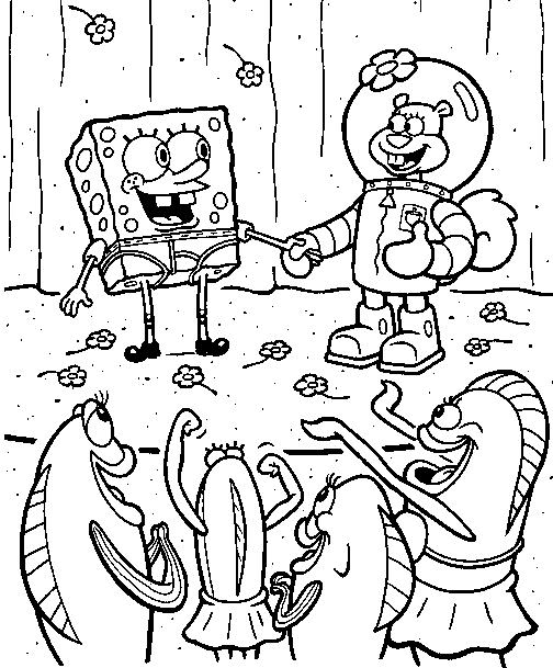 Spongebob shaking hands with Sandy coloring page